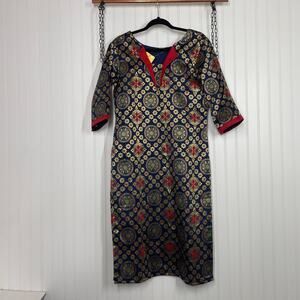 NWT Elina Fashion Navy Blue & Tan Artsy Silk Midi Sheath Dress Size Large